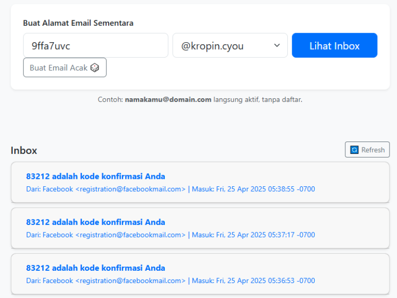 Contoh Inbox Temp Mail